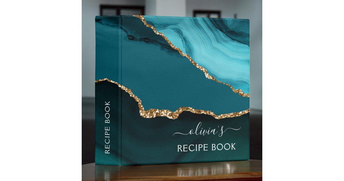 Cookbook Teal Aqua Blue Agate Geode Gold Monogram 3 Ring Binder | Zazzle