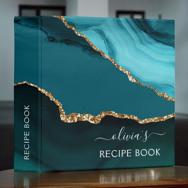 Cookbook Teal Aqua Blue Agate Geode Gold Monogram 3 Ring Binder (Creator Uploaded)