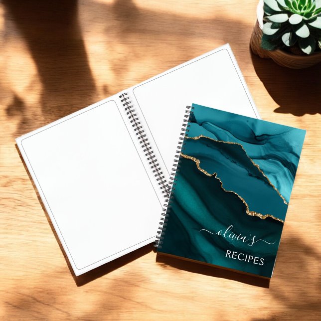Cookbook Teal Aqua Blue Agate Geode Gold Monogram Notebook (Creator Uploaded)
