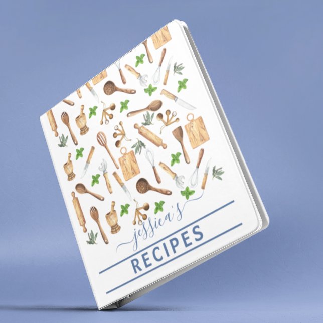 Cookbook Watercolor Recipes Utensils Baking Baker 3 Ring Binder (Creator Uploaded)