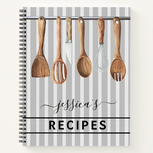 Cookbook Watercolor Recipes Utensils Modern Blue N Notebook