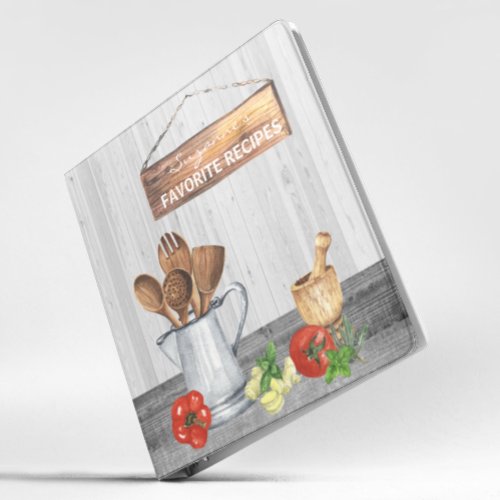 Cookbook Watercolor Recipes Utensils Spoon Wood 3 Ring Binder