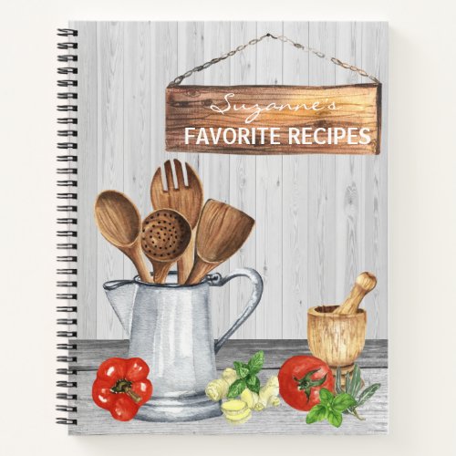 Cookbook Watercolor Recipes Utensils Spoon Wood Notebook