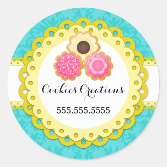 Cookie Bakery Damask Yellow Scallop Seals Zazzle Com