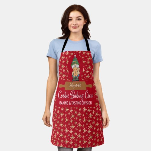 Cookie Baking Crew Gnome Red Gold Star Christmas Apron