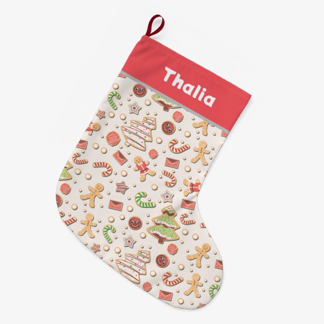 Cookie Christmas Pattern - Sweet and Festive Large Christmas Stocking (Front (Hanging))