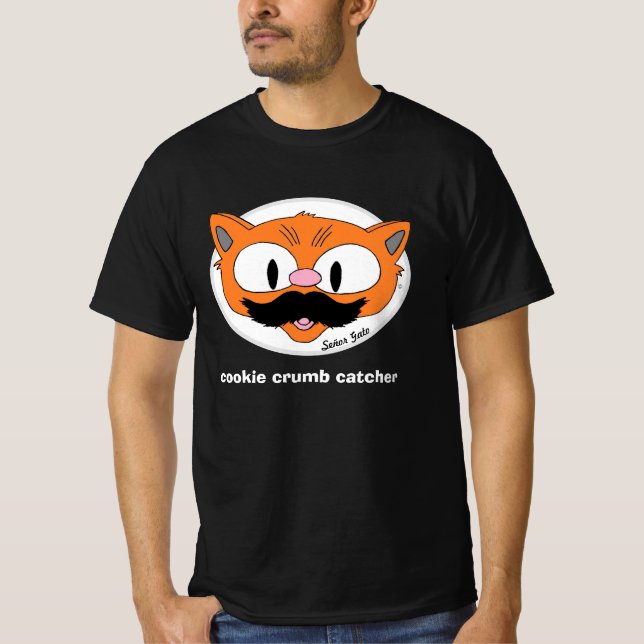 Cookie Crumb Catcher Cartoon Cat Mustache Humor T-Shirt (Front)