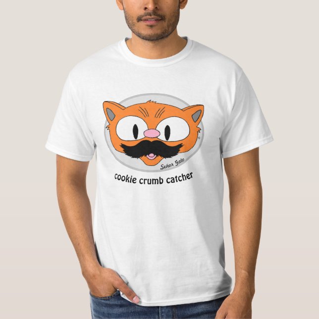 Cookie Crumb Catcher Mustache Humor Cartoon Cat T-Shirt (Front)