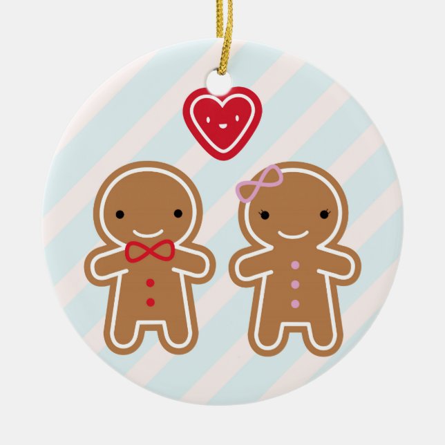 Cookie Cute Kawaii Gingerbread Couple Ceramic Ornament (Front)