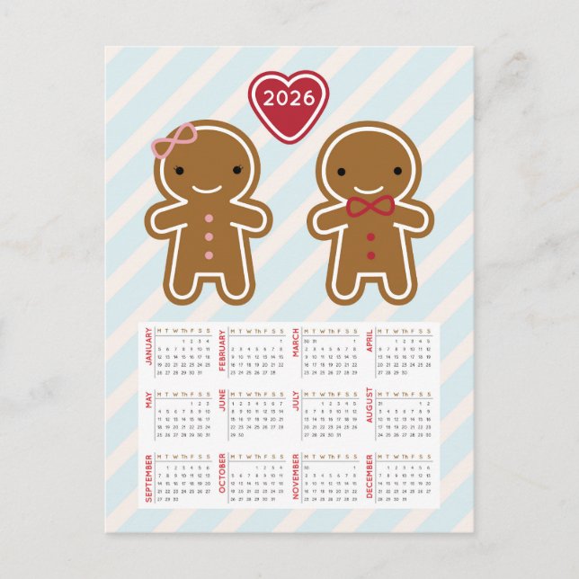 Cookie Cute Kawaii Gingerbread Man 2026 Calendar Postcard (Front)