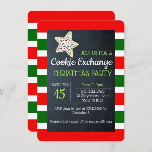 Cookie Exchange Chalkboard Red and Green Stripe Invitation