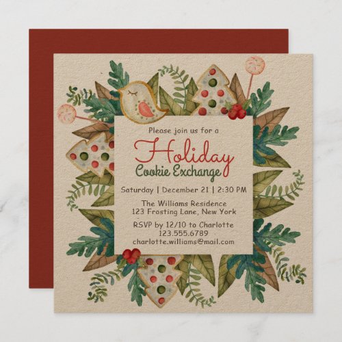 Cookie Exchange Christmas Rustic Watercolor Invitation