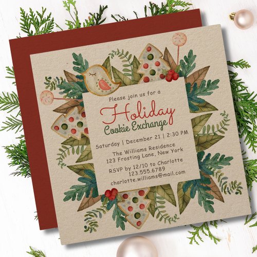 Cookie Exchange Christmas Rustic Watercolor Invitation