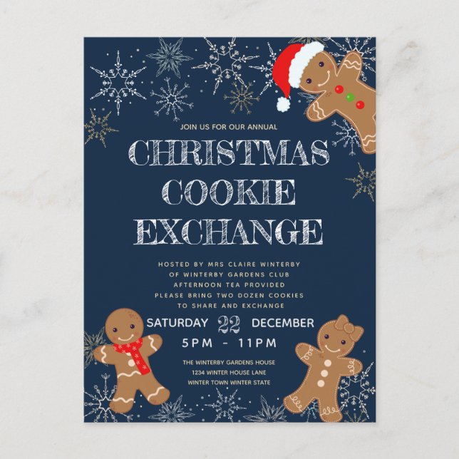 Cookie Exchange Party Navy Holiday Invitation Postcard (Front)