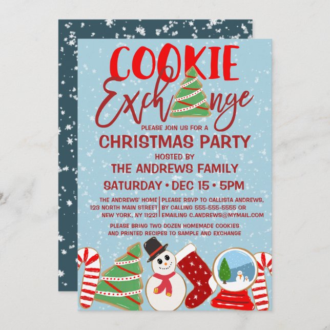 Cookie Exchange Red Blue Illustrations Christmas Invitation (Front/Back)