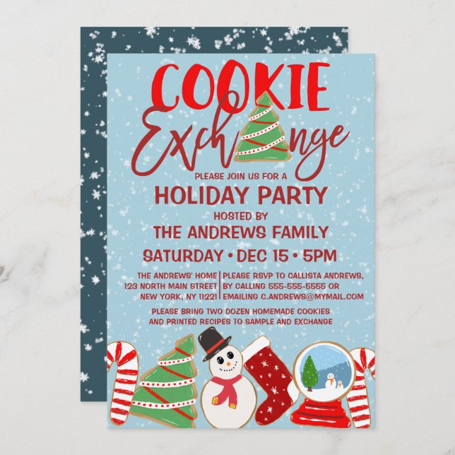 Cookie Exchange Red Blue Illustrations Holiday Invitation (Front/Back)