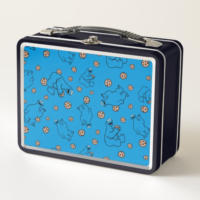 Cookie Monster and Cookies Blue Pattern Metal Lunch Box (Front)