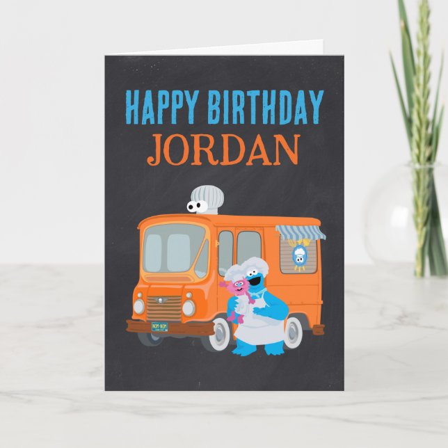Cookie Monster Chalkboard Food Truck Birthday Note Card (Front)