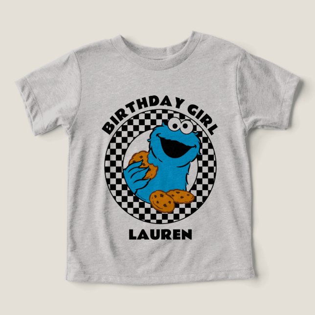 Cookie Monster Checkered Birthday Girl Toddler T-shirt (Design Front)
