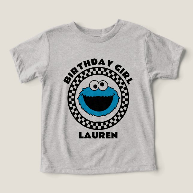 Cookie Monster Checkered Birthday Girl Toddler T-shirt (Design Front)