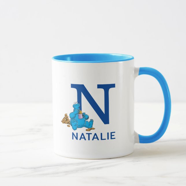 Cookie Monster Eating Cookies Name & Monogram N Mug (Right)