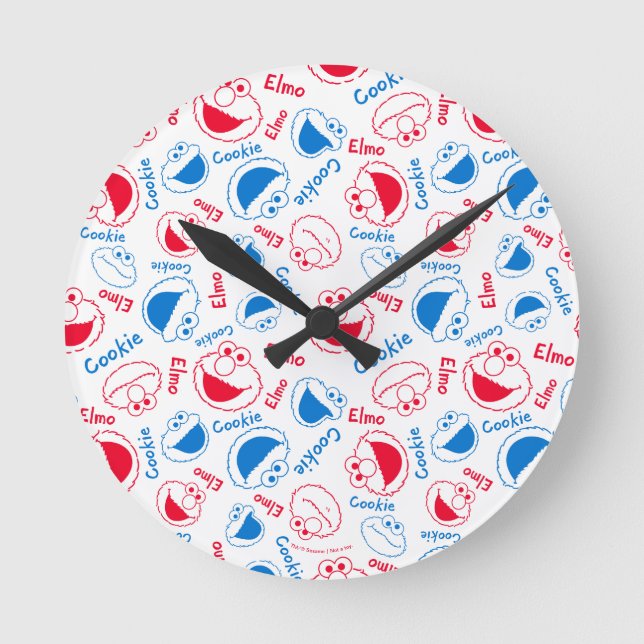 Cookie Monster & Elmo | Red & Blue Pattern Round Clock (Front)