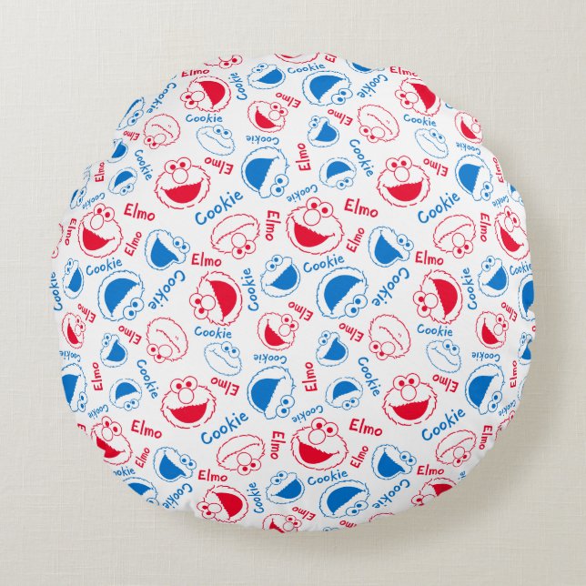 Cookie Monster & Elmo | Red & Blue Pattern Round Pillow (Front)
