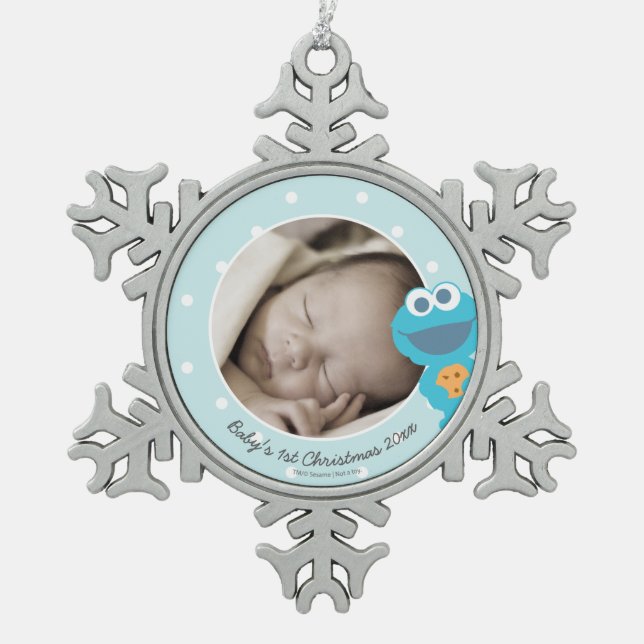 Cookie Monster | First Christmas - Add Your Name Snowflake Pewter Christmas Ornament (Front)