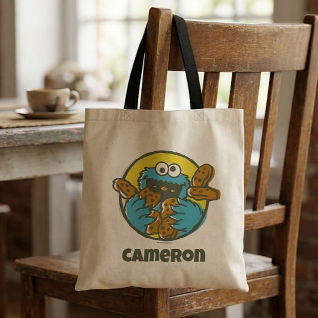 Cookie Monster Retro Tote Bag (Generated image of tote bag on chair)