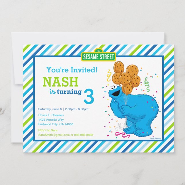 Cookie Monster Striped Birthday Invitation (Front)