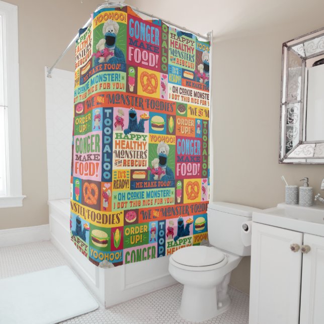 Cookie Monster's Foodie Truck Pattern Shower Curtain (In Situ)