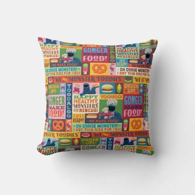 Cookie Monster's Foodie Truck Pattern Throw Pillow (Front)