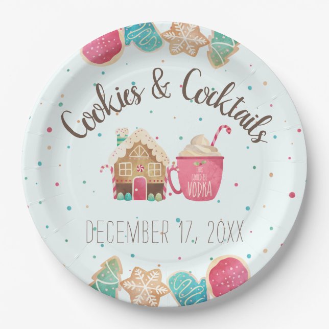 Cookie Swap Christmas Cookies & Cocktails Ice Blue Paper Plates (Front)