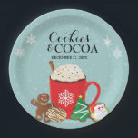Cookies and Cocoa Holiday Christmas Party Paper Plates<br><div class="desc">Warm up with a mug of hot cocoa and cookies at a fun holiday party. A snow speckled blue background shows off the red mug topped with a cinnamon stick and whipped cream on this plate. Christmas cookies are laid out next to the mug. Use for a holiday or Christmas...</div>