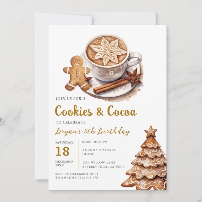 Cookies and Hot Cocoa 5th Birthday Christmas Party Invitation (Front)