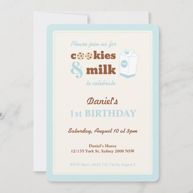 Cookies and Milk Birthday Invitation, Blue Invitation (Front)