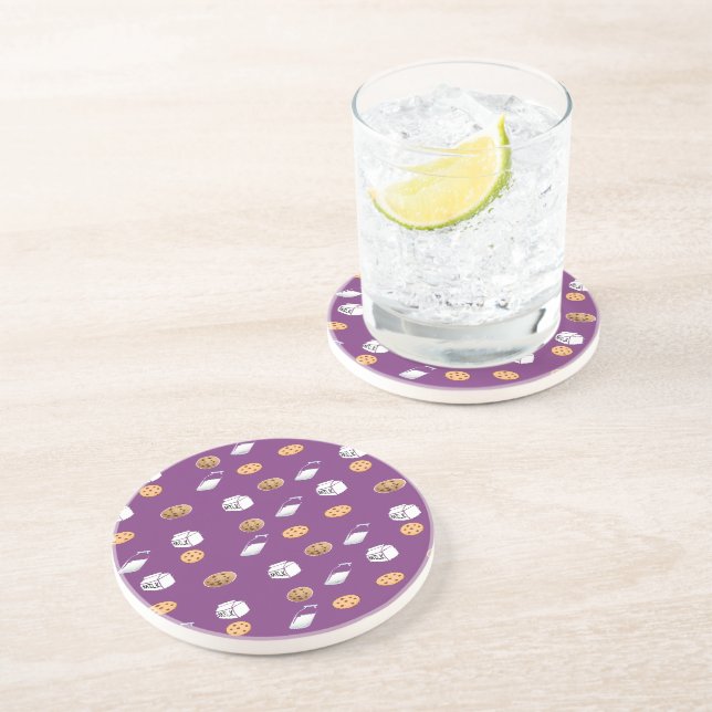 Cookies and milk on purple coaster (Side)