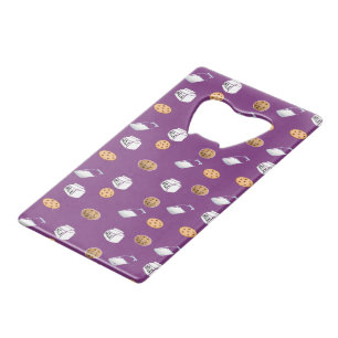 Cookies and milk on purple credit card bottle opener