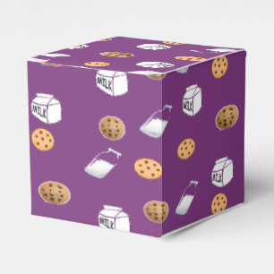 Cookies and milk on purple favor boxes