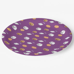 Cookies and milk on purple paper plates
