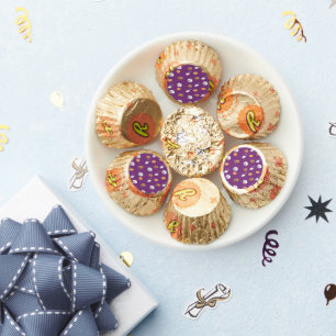 Cookies and milk on purple reese's peanut butter cups