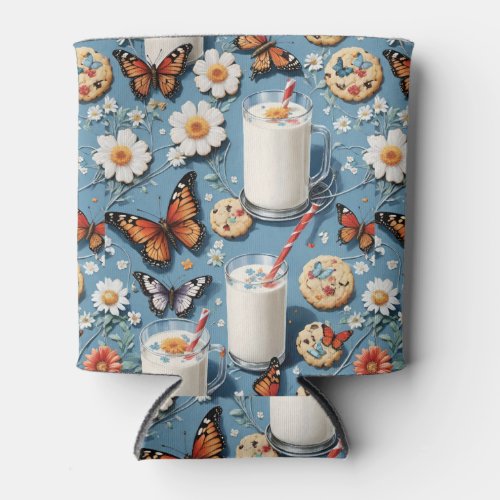 Cookies and Milk with Flowers and Butterflies Blue Can Cooler