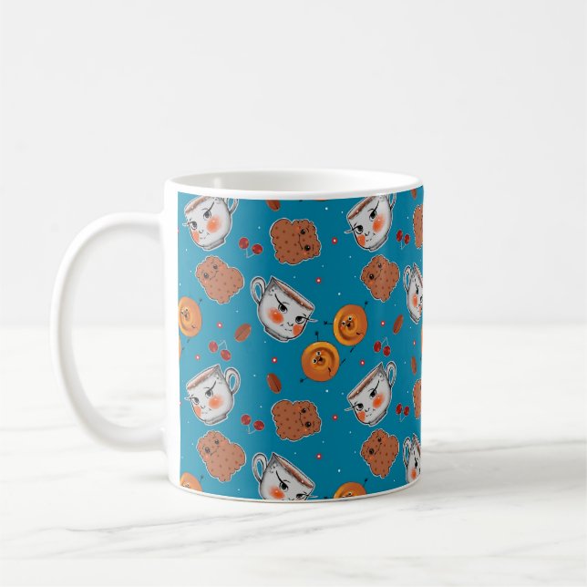 Cookies, buns: blue background pattern coffee mug (Left)