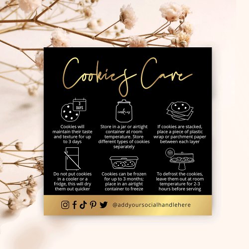 Cookies Care Instructions Black  Gold Script Logo Square Business Card