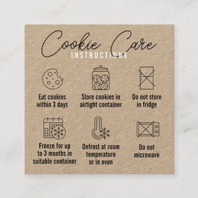 Cookies Care Instructions Kraft Square Business Card (Front)