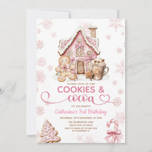Cookies & Cocoa Birthday Pink Snowflakes Holiday Invitation