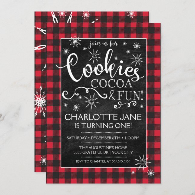 Cookies Cocoa & Fun Plaid Birthday Invitation (Front/Back)