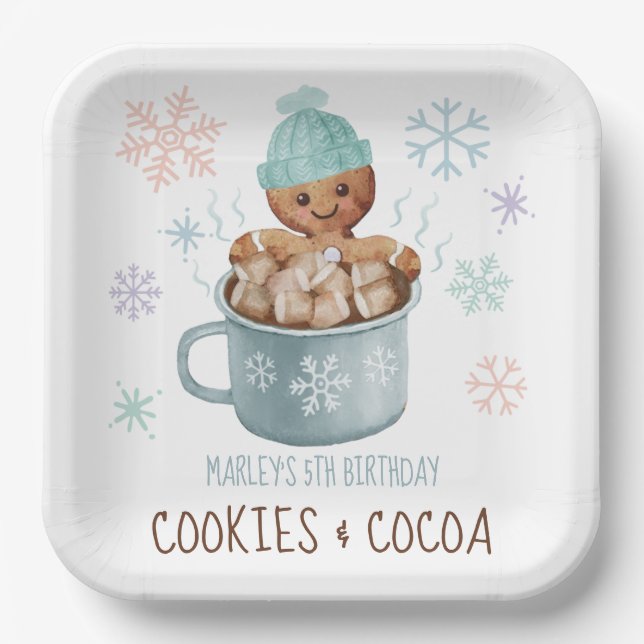 Cookies & Cocoa Gingerbread Boy Winter Birthday Paper Plates (Front)