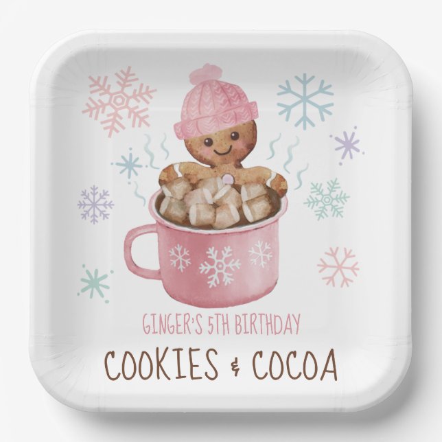 Cookies & Cocoa Gingerbread Girl Winter Birthday Paper Plates (Front)