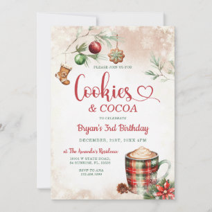 Cookies & Cocoa Plaid Christmas 3rd Birthday Party Invitation